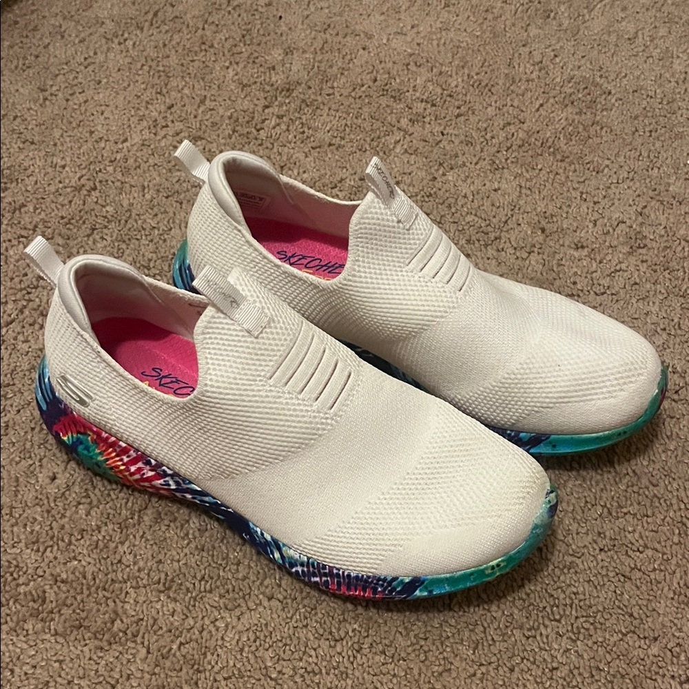 Skechers Women's White Slip-On Sneakers with Multicolor Sole